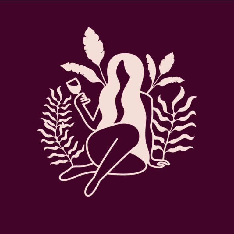 Minimalist illustration of a woman with long hair sitting cross-legged, holding a wine glass, surrounded by leafy plants on a dark maroon background.