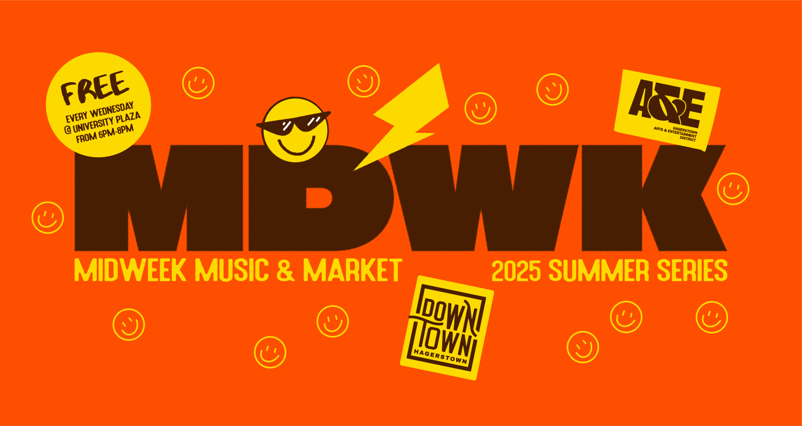 Bright orange graphic for "MDWK: Midweek Music & Market 2025 Summer Series." Features a smiley face, lightning bolt, stickers, and information about a free event every Wednesday at University Plaza, 6-9 PM, in Downtown Hagerstown.