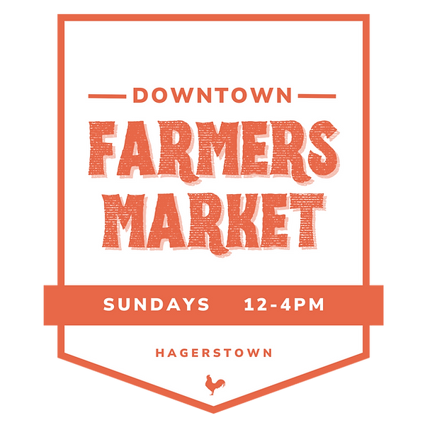 A sign for the Downtown Farmers Market in Hagerstown. It states the market is open Sundays from 12 to 4 PM. The design is in shades of orange and features a small rooster at the bottom.