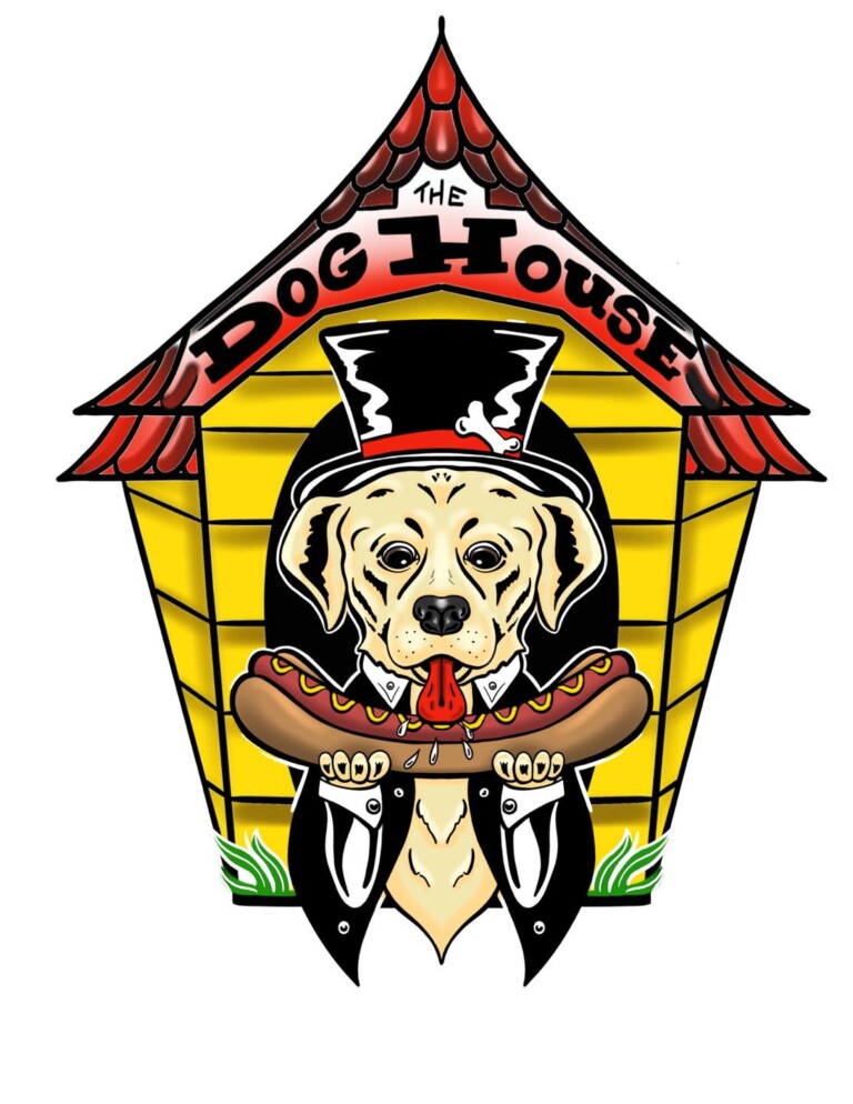 A cartoon dog in a tuxedo and top hat holds a hot dog in its mouth, standing inside a yellow doghouse with a red roof. 
