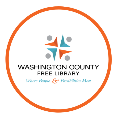 Logo of Washington County Free Library with four abstract shapes in orange and blue forming a star, grey dots, and the tagline