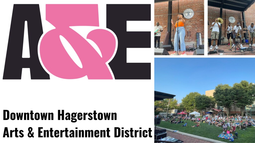 A collage featuring the A&E logo, musicians performing on an outdoor stage, and a crowd seated on grass in front of a stage in Downtown Hagerstown Arts & Entertainment District.