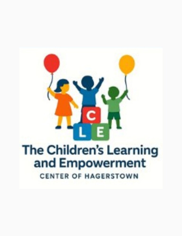 Logo for The Children's Learning and Empowerment Center of Hagerstown, showing three children holding balloons above colorful blocks labeled C, L, and E in a welcoming lounge-inspired setting.