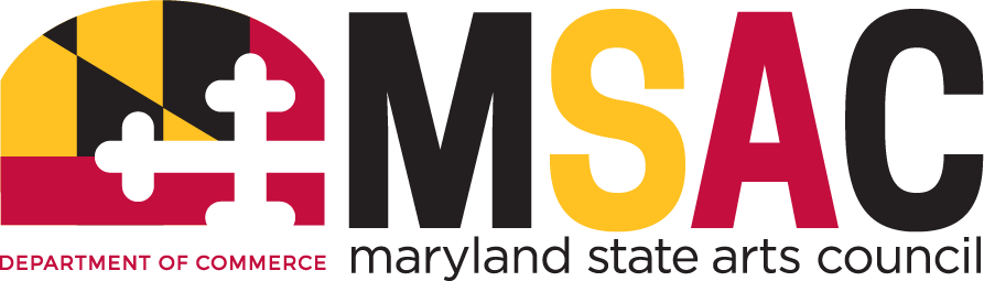 Logo for the Maryland State Arts Council with bold letters "MSAC" in black, yellow, and red, featuring the Maryland flag design and the Department of Commerce text below.