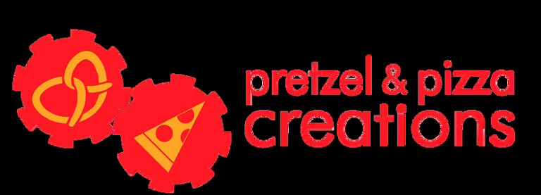 Logo with two red gears: one contains a yellow pretzel, the other a pizza slice. To the right, red text reads 