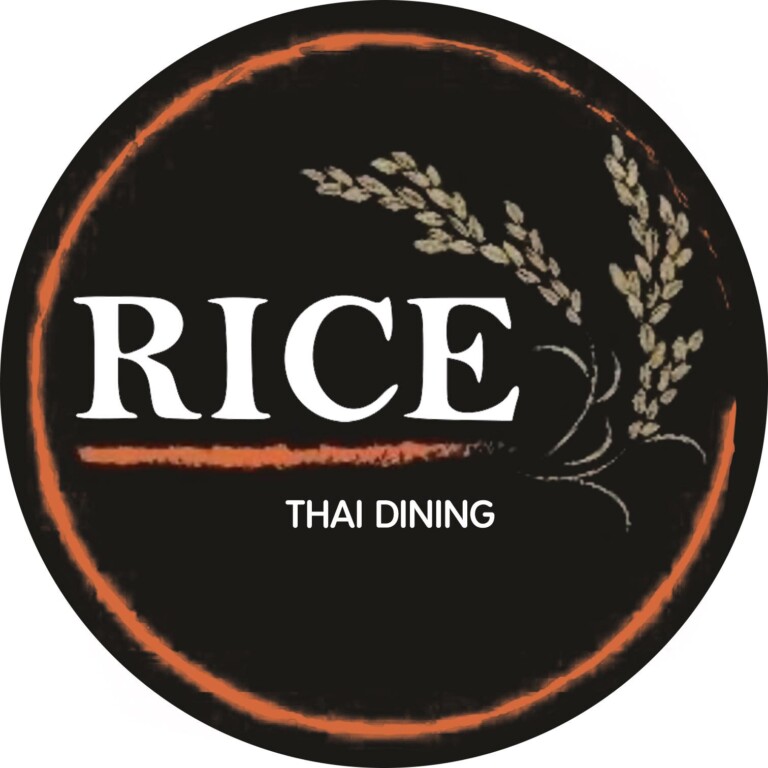 A circular black logo with an orange border features the word