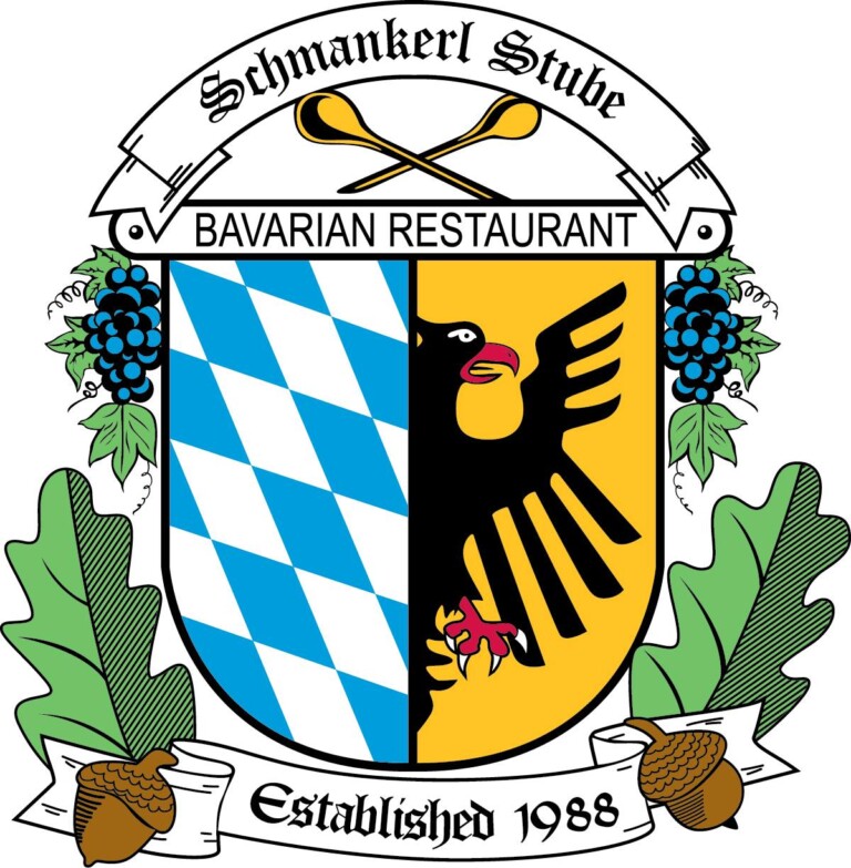 Coat of arms featuring a blue and white diamond pattern, a black eagle on yellow, oak leaves, acorns, grapes, and utensils, with banners reading 