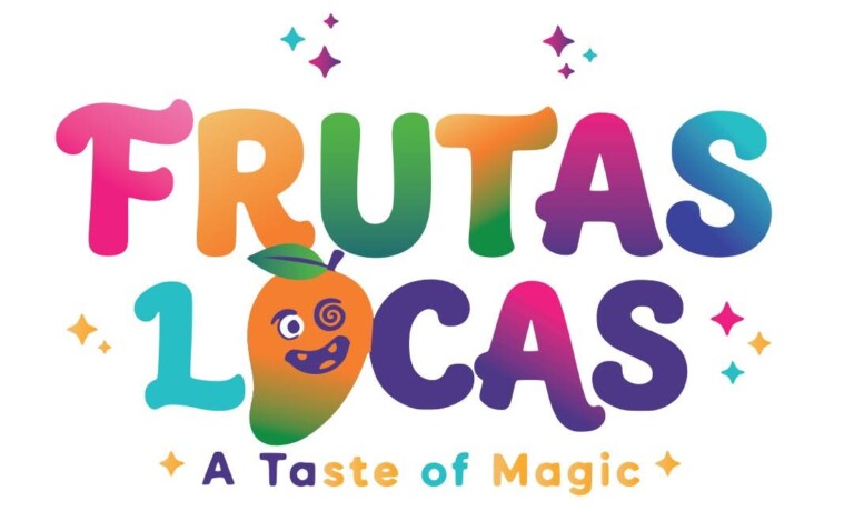 Colorful “Frutas Locas” text with a playful mango character as the “O” in “Locas,” styled with vintage charm. Below, it says “A Taste of Magic” with sparkling stars and confetti accents around the logo.