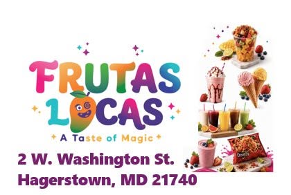 Colorful “Frutas Locas” logo with vintage-inspired fruit-themed desserts, drinks, and ice creams. Text: “2 W. Washington St. Hagerstown, MD 21740.” Slogan: “A Taste of Magic.”.