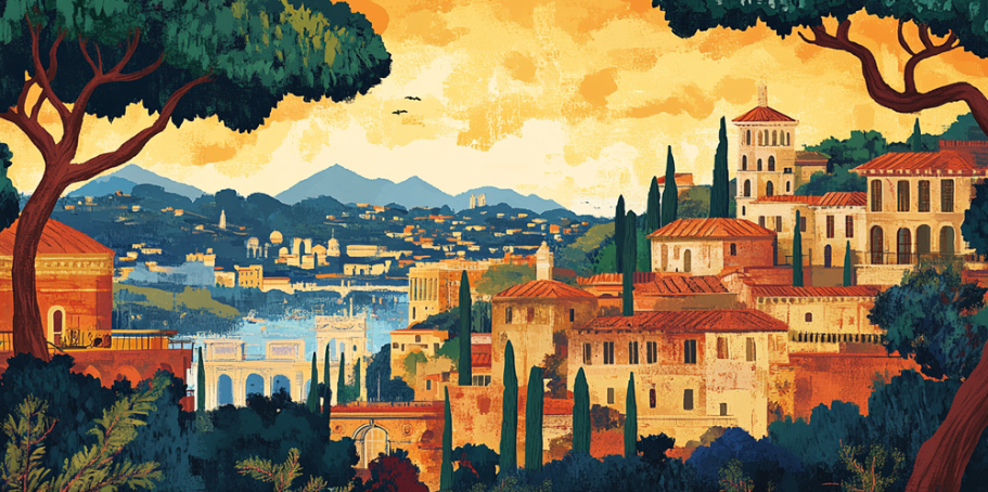 Illustration of a scenic Mediterranean town with terracotta-roofed buildings, lush green trees, and rolling hills. A blue river winds through the landscape under a dramatic yellow-orange sky.