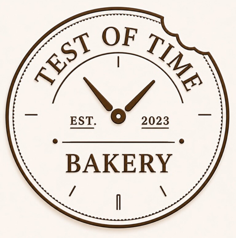 Logo of clock reading Test of Time Bakery est. 2023 with beige background