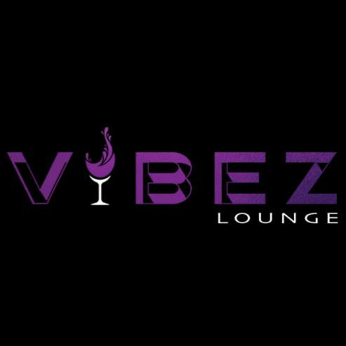 VIBEZ LOUNGE logo with the letter 'I' represented as a wine glass with purple liquid. The text is in purple and white on a black background.