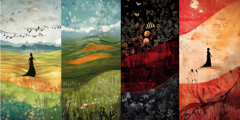 A four-panel artwork shows a woman in a dress standing in different landscapes: musical fields, green hills, a dark starry night, and a red-orange sunset, each representing a distinct mood or season.
