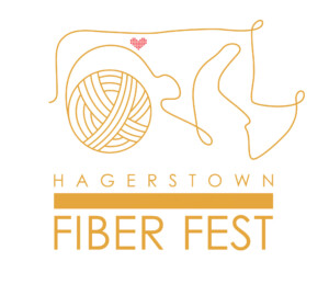 Logo for Hagerstown Fiber Fest featuring an outline of the state of Maryland formed by yarn, with a yarn ball on the left and a red pixel heart near the top; text reads 