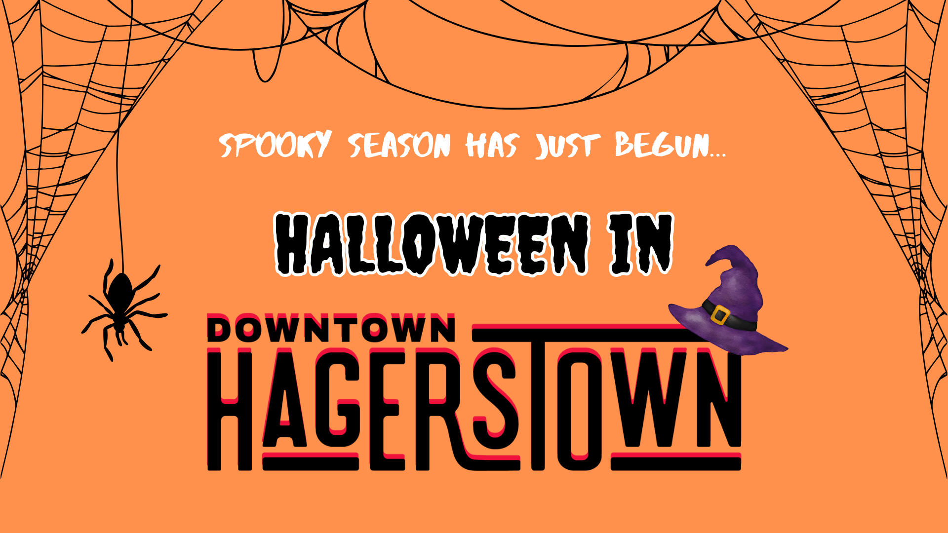 Orange background with black spider webs, a hanging spider, and text: 
