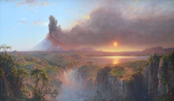 A distant volcano erupts, sending dark smoke into the sky at sunset. Below, a river flows through a lush green valley with cliffs, and a glowing sun reflects on a calm lake.