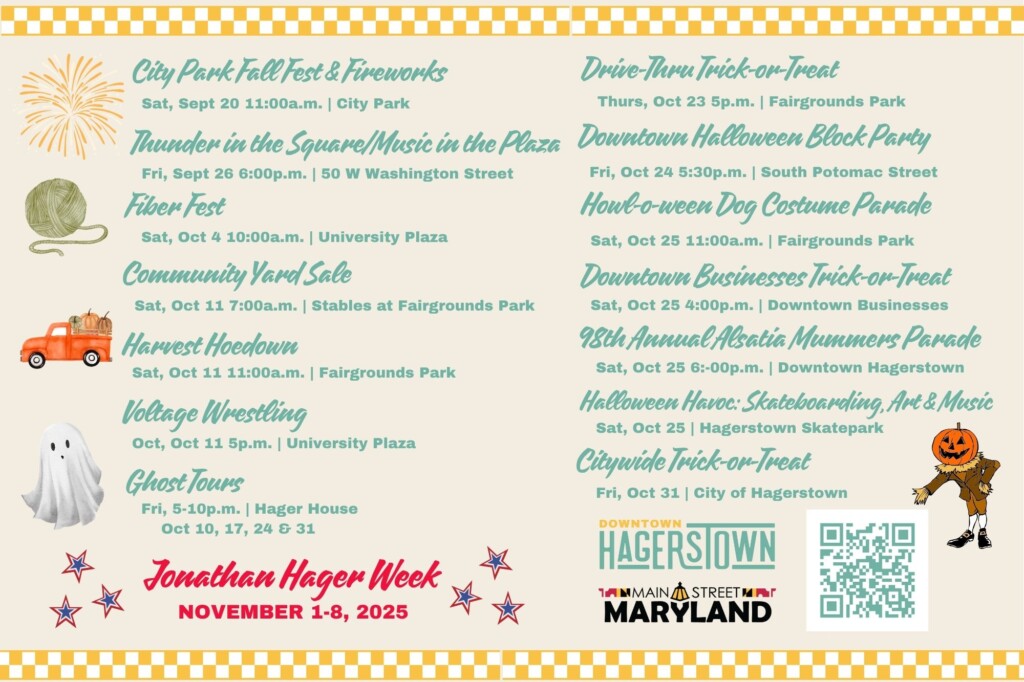 Event flyer with yellow checkered border listing Hagerstown events for Jonathan Hager Week, Nov 1-8, 2025, including festivals, sales, trick-or-treating, parades, and more, plus a QR code and Halloween graphics.