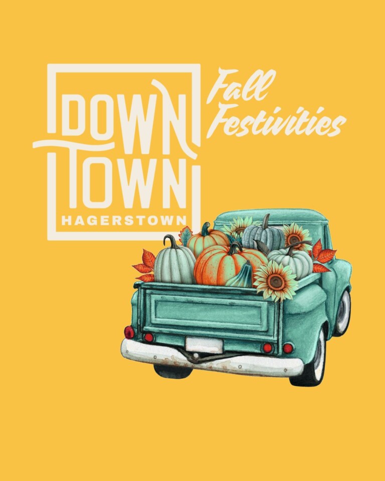 An illustration of a teal vintage truck filled with pumpkins, sunflowers, and autumn leaves captures the spirit of fall, with 