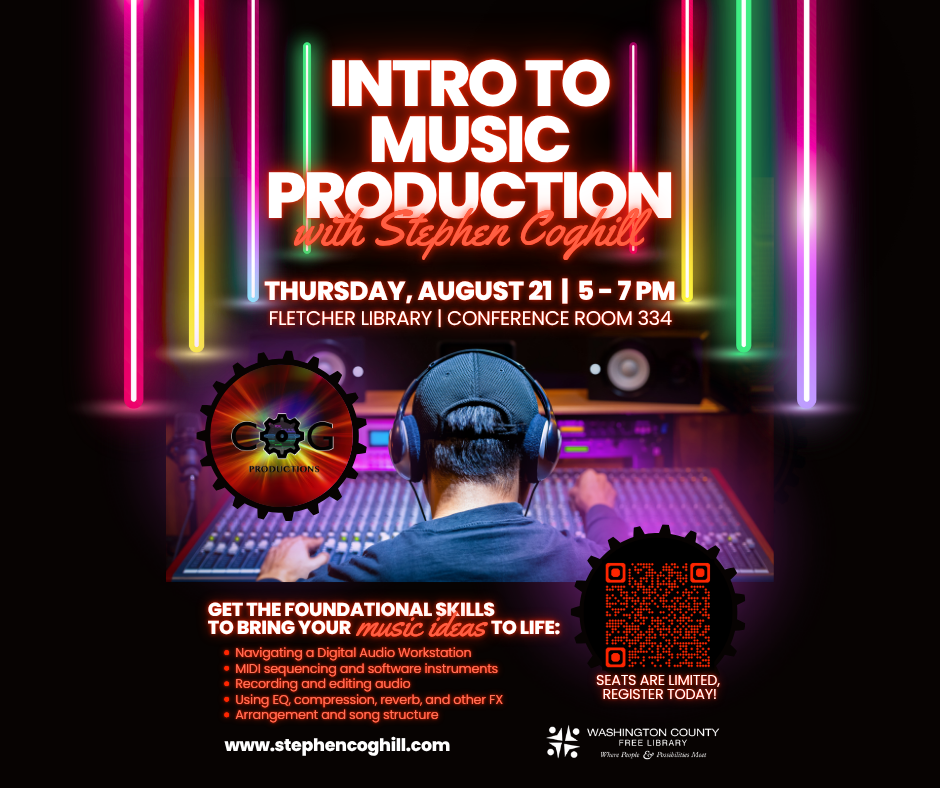 An event flyer reads “Intro to Music Production with Stephen Coghill” on August 21, 5–7 PM at Fletcher Library. A person in headphones sits at an audio mixing desk. Event details and registration info appear below.