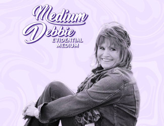 A woman with short hair sits smiling, dressed in a jacket and scarf. Above her, stylized text reads: "Medium Debbie Evidential Medium" on a light, wavy patterned background.