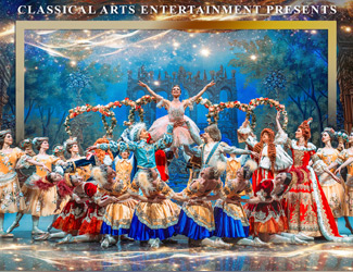 A vibrant ballet performance features elegantly costumed dancers on stage, with a ballerina lifted center stage. The backdrop is a magical, starry night scene with ornate decorations. Text above reads “Classical Arts Entertainment Presents.”.
