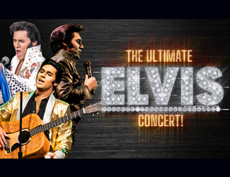Three Elvis Presley impersonators perform in different iconic outfits next to bold, sparkling text that reads "The Ultimate Elvis Concert!" on a dark textured background.