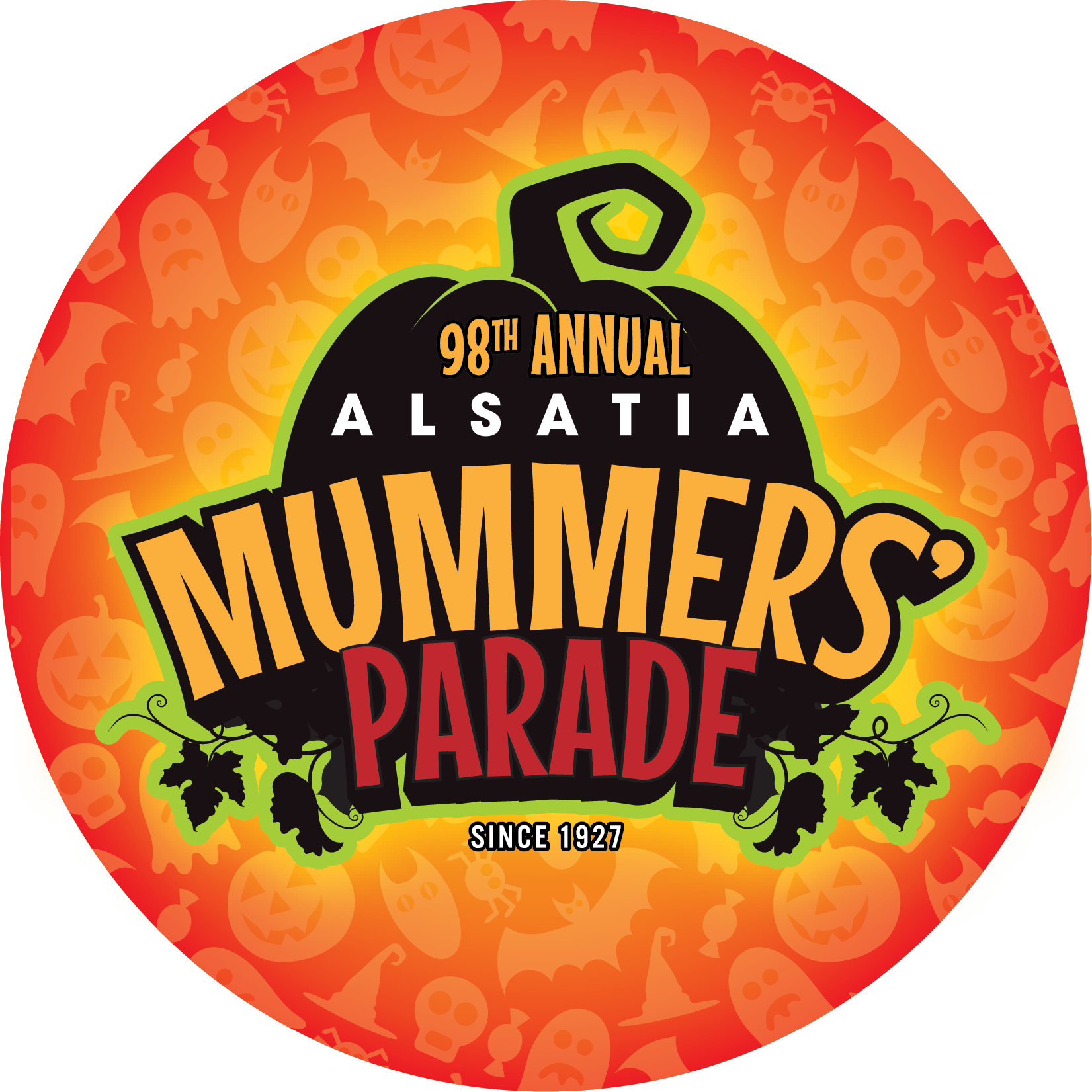 A round logo with a black pumpkin reads, "98th Annual Alsatia Mummers' Parade Since 1927," against an orange background filled with Halloween icons like ghosts, bats, and jack-o'-lanterns.
