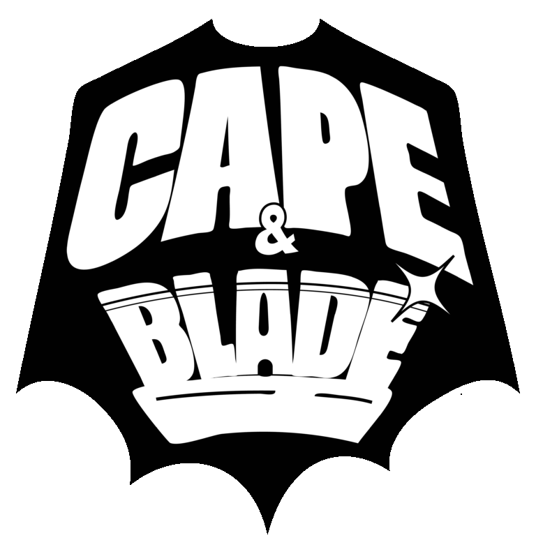 Black cape-shaped logo with bold white text reading 