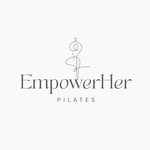 EmpowerHer Pilates logo with elegant, minimalist text and a stylized line drawing of a woman stretching above the word “EmpowerHer.” Inspired by modern outfitters, the design features a light gray or white background for a fresh and contemporary feel.