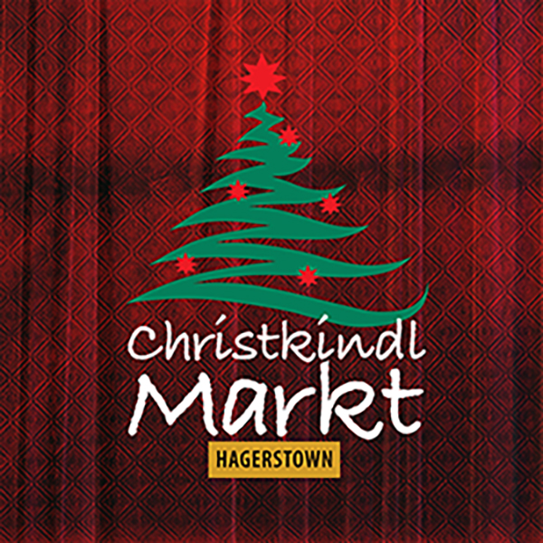A stylized green Christmas tree with red stars above the words “Christkindl Markt” and a yellow “Hagerstown” label, set against a red patterned background.