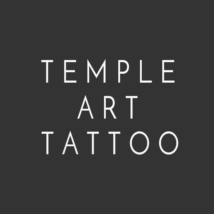 White text on a dark gray background reads “TEMPLE ART TATTOO” in all capital letters, arranged in three centered lines, evoking the bold and modern style of a professional tattoo studio.