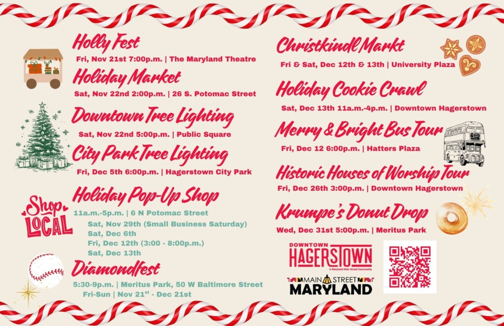 A festive holidays events flyer with a red and white candy cane border, holiday graphics, and a list of Hagerstown, MD holiday events including markets, tree lightings, tours, and shopping from November 21 to December 15.