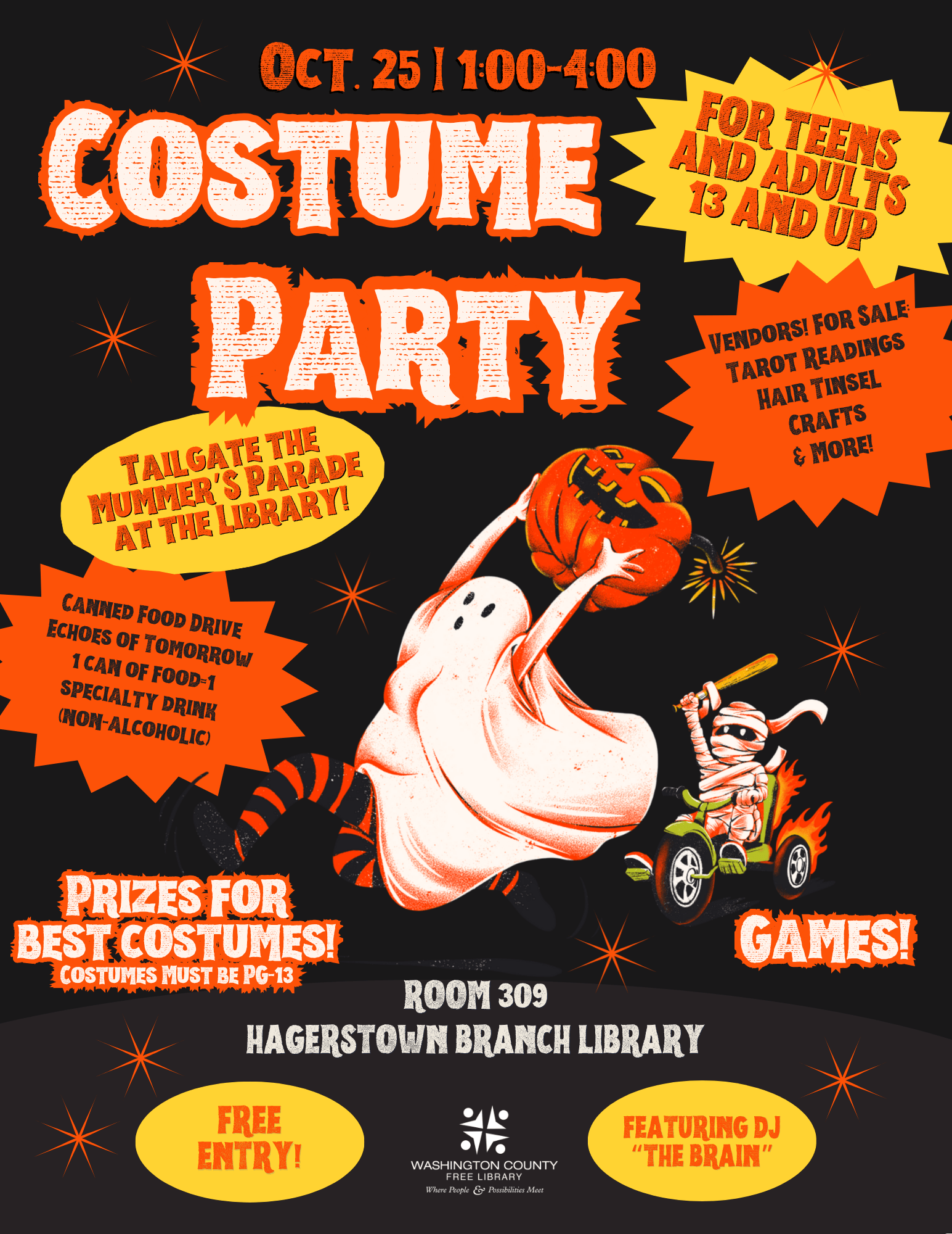 Colorful flyer for a Halloween costume party featuring a cartoon ghost holding a pumpkin, a racing character, and event details: Oct 25, 1–4 PM, for ages 13+, at Hagerstown Branch Library. Free entry, games, prizes, and more.