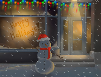 A snowman wearing a red hat and scarf stands outside a building in snowfall. "Happy Holidays!" is written on the frosty window, and colorful string lights decorate the roof above the entrance.