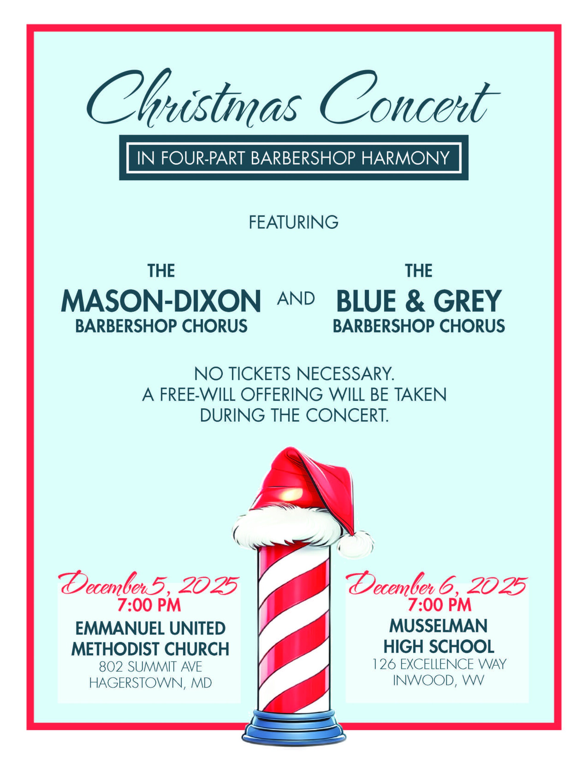 Christmas Concert flyer for two barbershop choruses on Dec 5, 2025, in Hagerstown, MD, and Dec 6, 2025, in Inwood, WV. Features a barber pole with a Santa hat and concert details. No tickets needed; donations accepted.