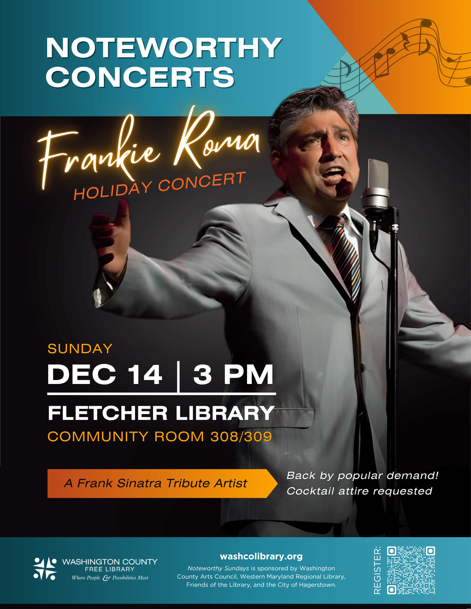 A man in a gray suit sings passionately into a vintage microphone. Text promotes "Frankie Roma Holiday Concert" on Dec 14, 3 PM at Fletcher Library. It's a Frank Sinatra tribute; cocktail attire is requested.