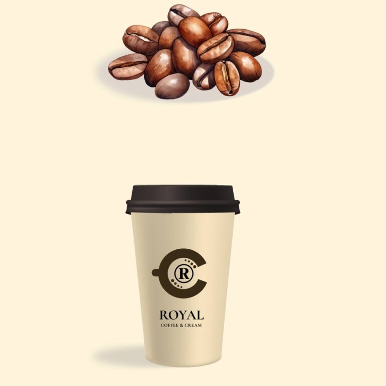 A group of roasted coffee beans above a takeaway coffee cup with a black lid and 