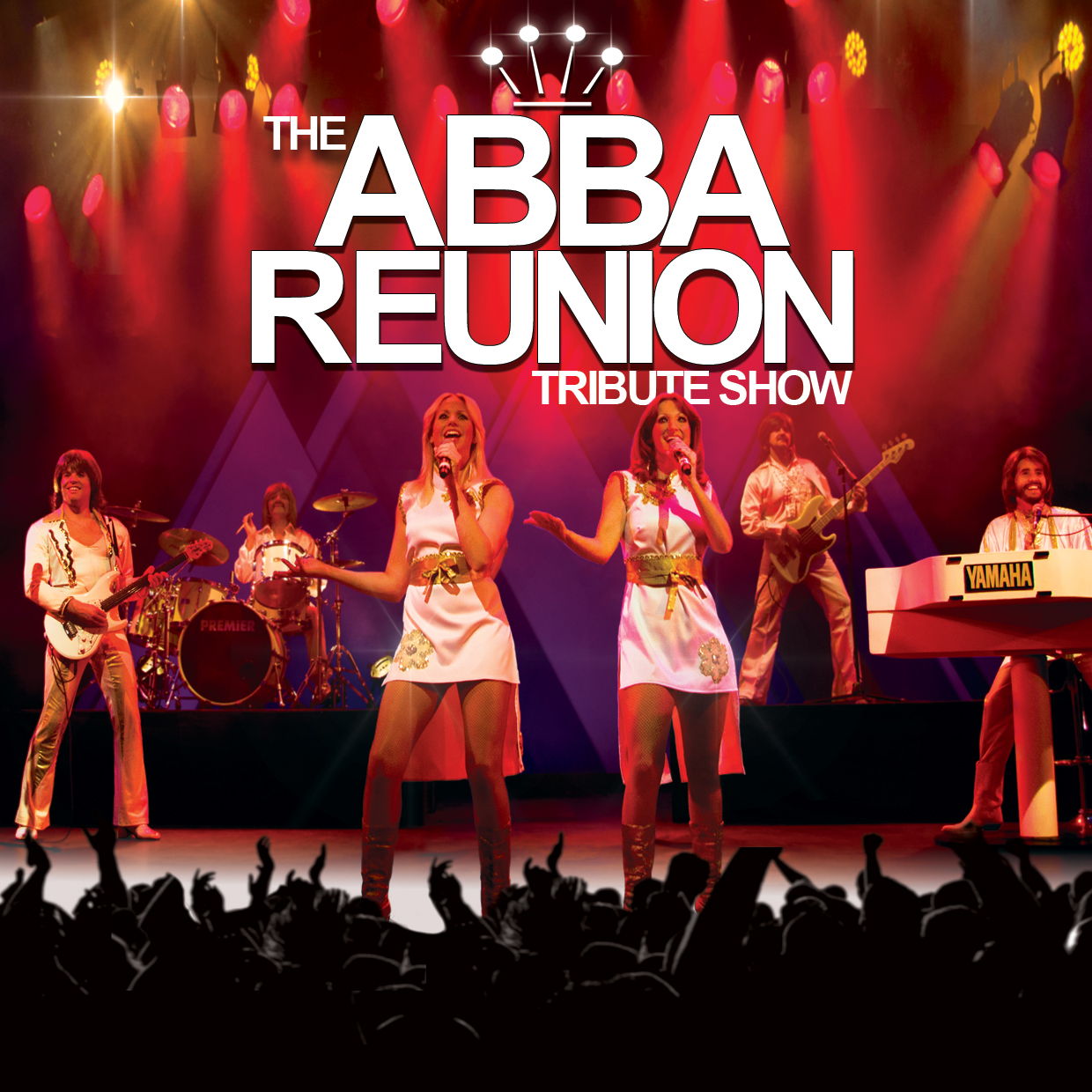 A band performs on stage with colorful lights, featuring two women singing in white costumes, two men playing guitar and keyboard, and a drummer. Large text reads "The ABBA Reunion Tribute Show" above the group. A cheering crowd is in front.