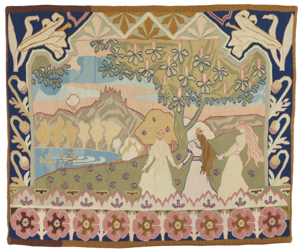 A colorful tapestry depicting three crowned women holding hands and dancing under a tree, with mountains, a river, and stylized flowers in the background, bordered by floral and bird motifs.