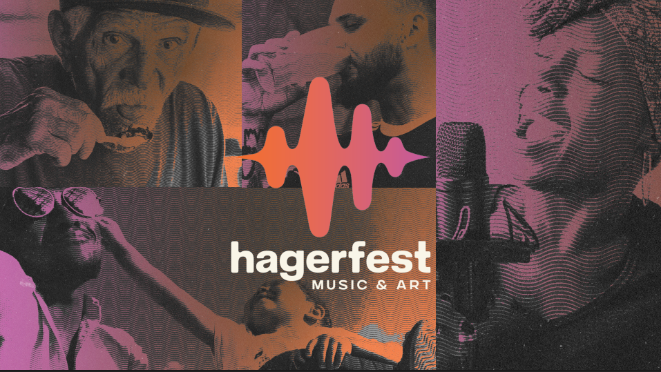 A collage of people enjoying music and art in warm-toned colors surrounds a central soundwave graphic above the text “hagerfest MUSIC & ART,” capturing the vibrant spirit of hagerfest.