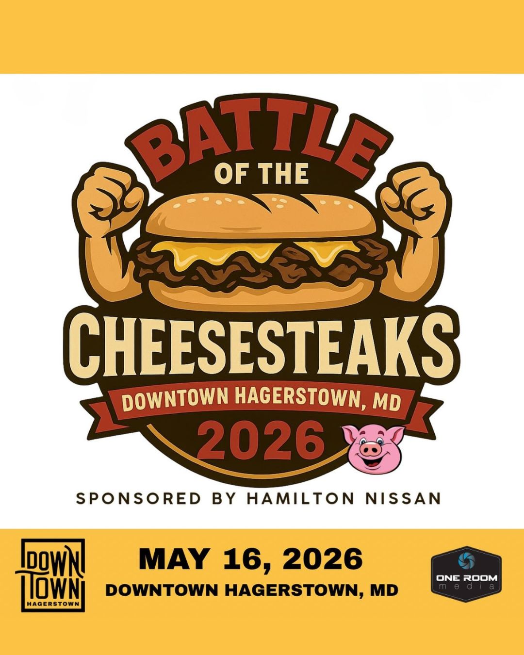 Logo for "Battle of the Cheesesteaks 2026" in Downtown Hagerstown, MD, featuring a cartoon cheesesteak sandwich and a pink pig locked in a tasty battle. Event is May 16, 2026. Sponsored by Hamilton Nissan.