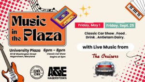 Colorful event flyer for “Music in the Plaza” at University Plaza, Hagerstown, with retro graphics, event dates May 1 and Sept 25, classic car show, food, and live music from The Cruisers.