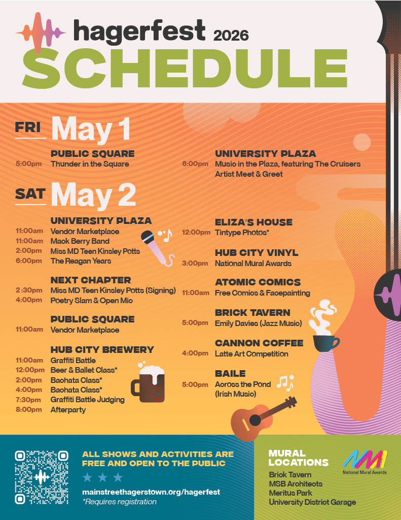 Colorful festival schedule poster for "Hagerfest 2026" lists the full schedule of music, events, times, and venues for May 1-2. Wavy pastel graphics brighten the background, with event info and location details at the bottom.