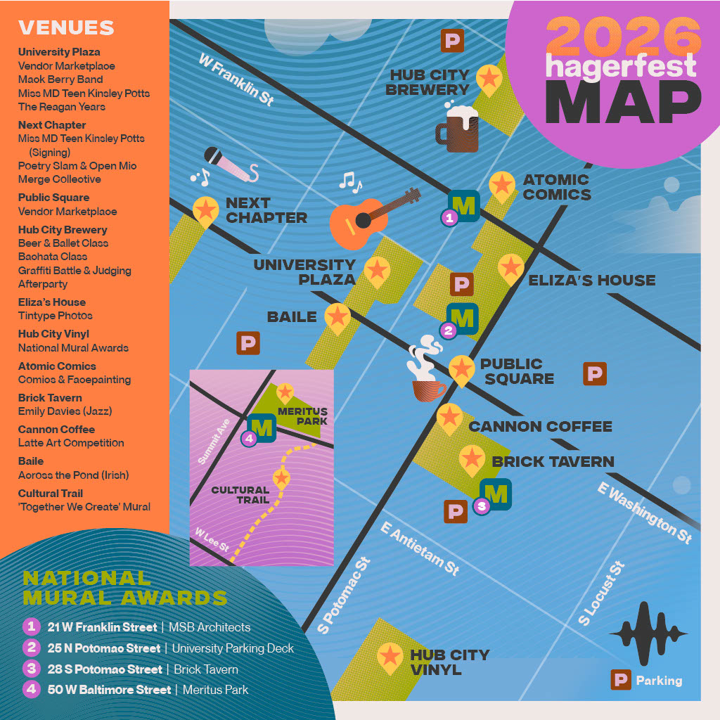 Colorful illustrated map for "2026 Hagerfest" featuring venues, award locations, parking, and downtown hotspots. Icons mark music, coffee, comics, and award sites; event zones and the schedule are clearly labeled for easy navigation.