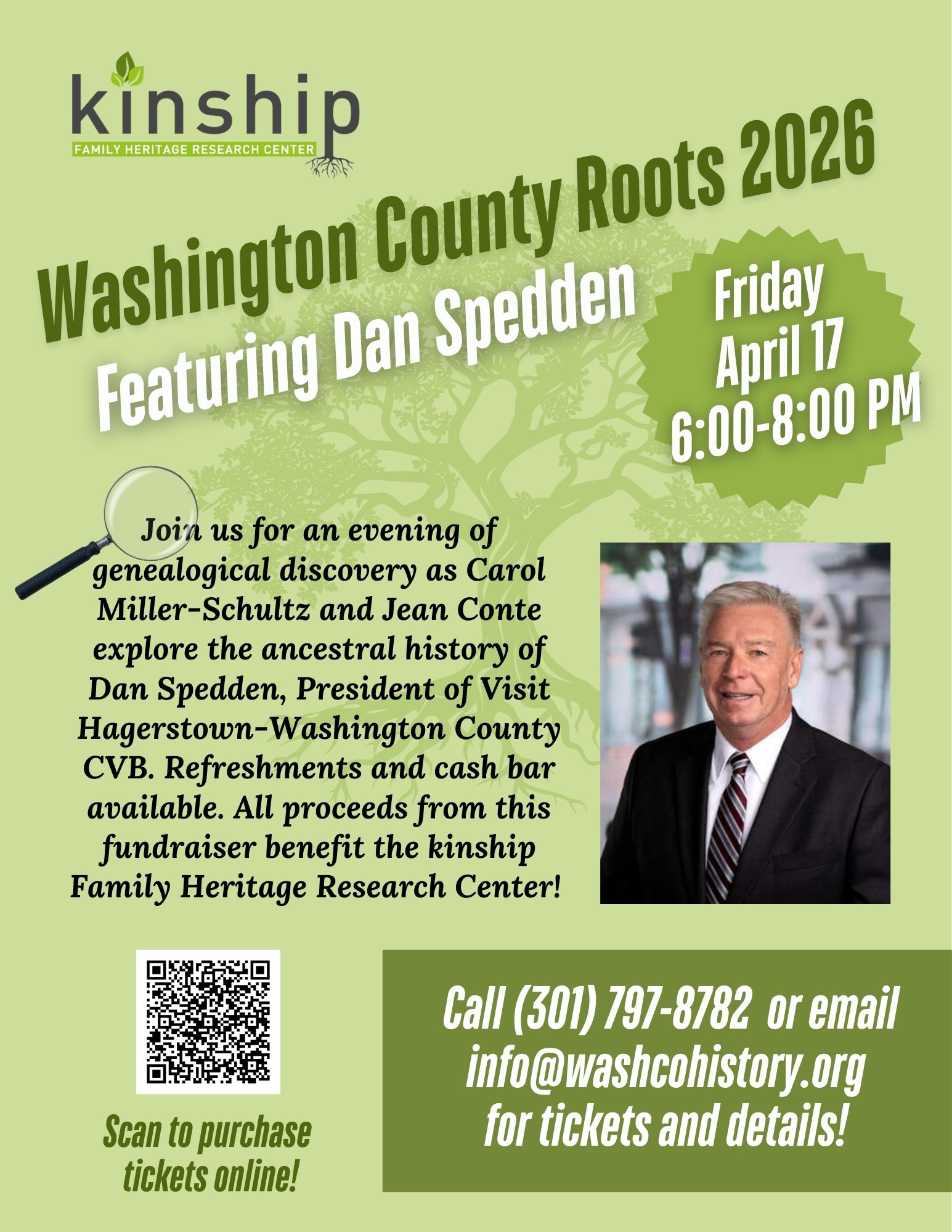 Event flyer with green and yellow text promoting "Washington County Roots 2026" featuring Dan Spedden on Friday, April 17, 6–8 PM. Includes event details, a photo of Dan Spedden, QR code, and contact information for tickets.