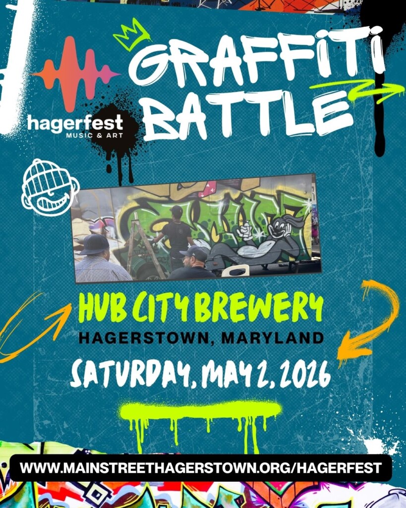 Colorful poster for "Graffiti Battle" at Hub City Brewery in Hagerstown, Maryland, on Saturday, May 2, 2026, featuring a graffiti mural photo and vibrant, urban-style graphics.