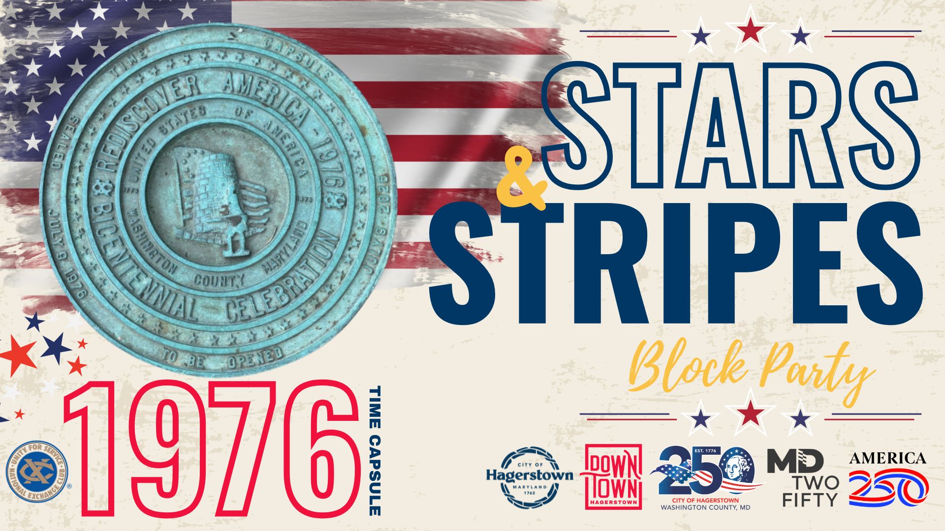 Event flyer with an American flag, a large seal, and text: "Stars & Stripes Block Party," "1976 Time Capsule," with logos for Hagerstown and Washington County, and mentions of America 250. Red, white, and blue theme.