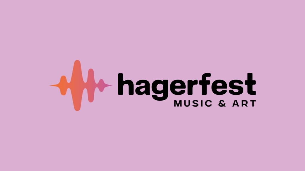 Logo on a pink background featuring an orange soundwave graphic to the left and the bold black "hagerfest MUSIC & ART" text to the right, capturing the creative spirit of hagerfest.