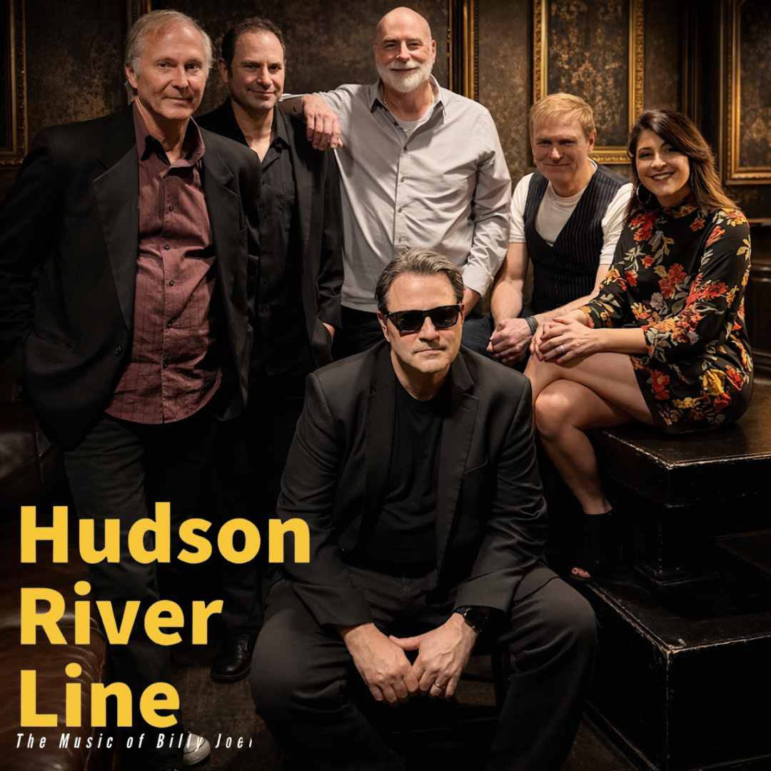 Six adults pose together in a dimly lit, elegant setting. Five stand or sit on steps, one sits in front wearing sunglasses. Text reads "Hudson River Line — The Music of Billy Joel.