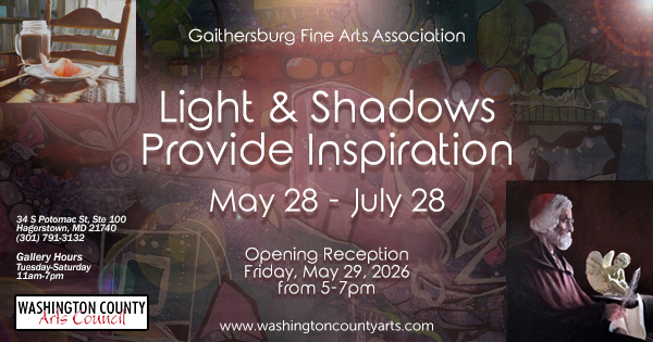 Event flyer for "Light & Shadows Provide Inspiration" arts exhibit, May 28–July 28. Opening reception May 29, 2026, 5–7pm. Features gallery hours, contact info, logos, and an image of a person holding an object.